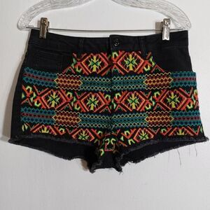 Topshop Moto Tribal Festive Colorful Embroidery Black Jean Shorts Size 8